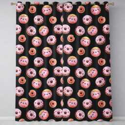 Cute Kawaii Donuts Black Background Sweet Dessert Seamless Pattern Readymade Eyelet Ring Top Thermal 100% Blackout Curtains - thumbnail 2