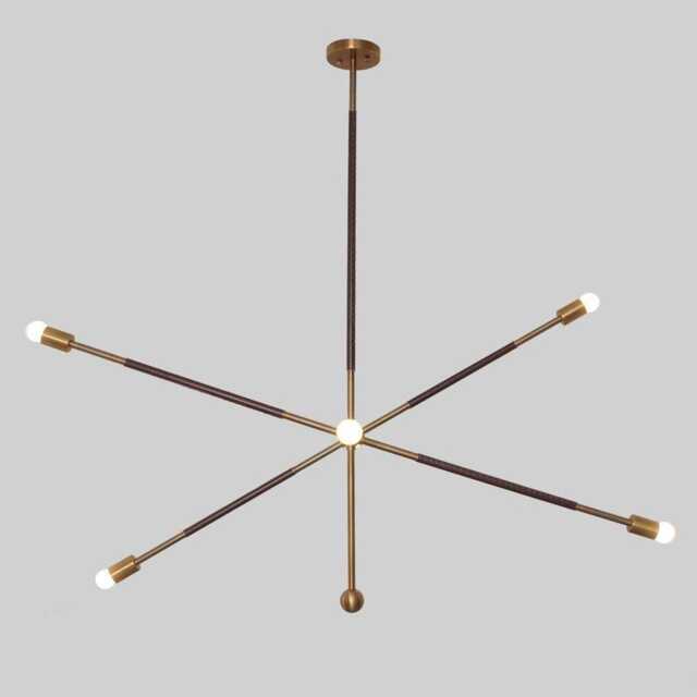 Mid Century Sputnik Chandelier - Brass & Leather Pendant Light - image 1