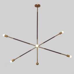 Mid Century Sputnik Chandelier - Brass & Leather Pendant Light - thumbnail 1