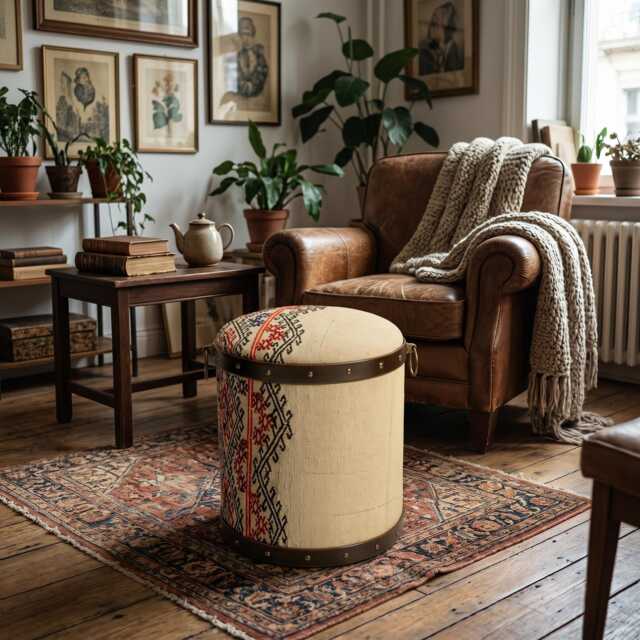 Dresser, Vintage Round Storage Ottoman, Kilim Rug Furniture, Stool - image 1