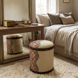 Dresser, Vintage Round Storage Ottoman, Kilim Rug Furniture, Stool - thumbnail 3