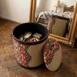 Dresser, Vintage Round Storage Ottoman, Kilim Rug Furniture, Stool - thumbnail 2