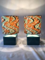 Lampshades-Pair Of Handmade Lampshades Made With Hand Printed Japanese Chiyogami Paper. 15 cm Diameter High