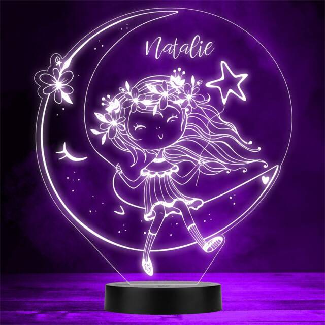 Happy Girl Sitting On A Moon Holding Star Personalised Gift Colour Night Light - image 1