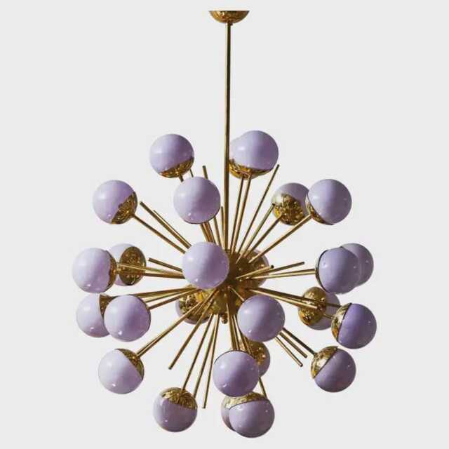 Brass Sputnik Chandelier With Lilac Glass Globes - Mid Century Modern Lighting Fixture, Retro Pendant Lamp For Living Room & Dining - image 1