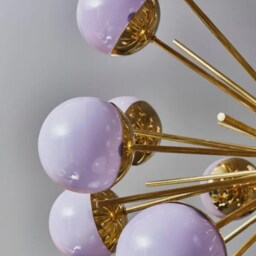 Brass Sputnik Chandelier With Lilac Glass Globes - Mid Century Modern Lighting Fixture, Retro Pendant Lamp For Living Room & Dining - thumbnail 3