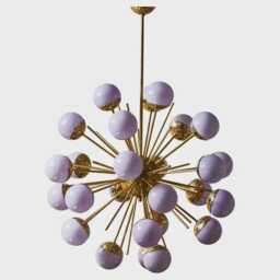 Brass Sputnik Chandelier With Lilac Glass Globes - Mid Century Modern Lighting Fixture, Retro Pendant Lamp For Living Room & Dining - thumbnail 1