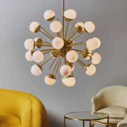 Brass Sputnik Chandelier With Lilac Glass Globes - Mid Century Modern Lighting Fixture, Retro Pendant Lamp For Living Room & Dining - thumbnail 2