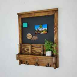 Handmade Wood Wall Organizer, Chalkboard, Key Hooks, Entryway Decor - thumbnail 4