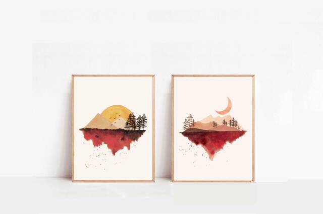 Watercolor Mountain Print Set Sun & Moon Kids Room Wall Art - image 1