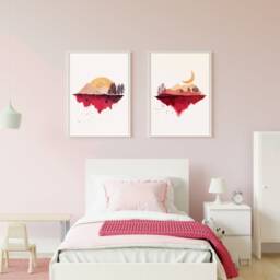 Watercolor Mountain Print Set Sun & Moon Kids Room Wall Art - thumbnail 3