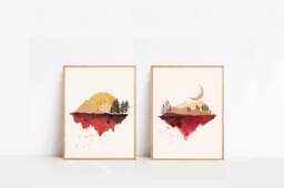 Watercolor Mountain Print Set Sun & Moon Kids Room Wall Art - thumbnail 1