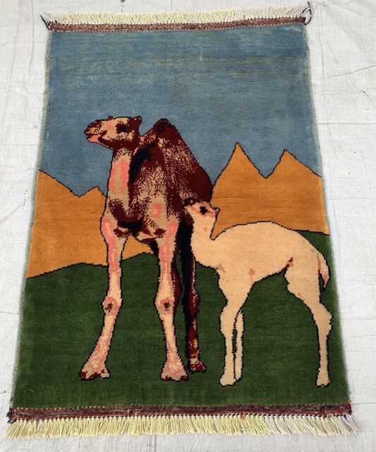 Afghan Camel Scene Wool Rug Handwoven Desert Landscape Wall Hanging - 2.1x3.1 Ft - image 1