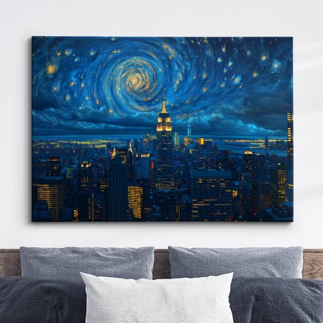 Van Gogh New York City Skyline Starry Night Landmark Oil Painting Style Wall Art Framed Calming Canvas Poster Print Home Office Room Decor - image 1