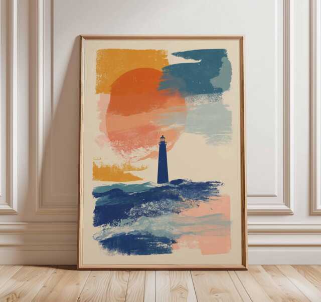 Lighthouse Poster, Coastal Wall Art, Nautical Abstract Print, Ocean Waves & Sunset Artwork, Modern Seaside Home Decor - image 1