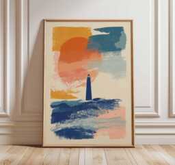 Lighthouse Poster, Coastal Wall Art, Nautical Abstract Print, Ocean Waves & Sunset Artwork, Modern Seaside Home Decor - thumbnail 1