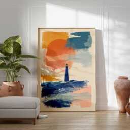 Lighthouse Poster, Coastal Wall Art, Nautical Abstract Print, Ocean Waves & Sunset Artwork, Modern Seaside Home Decor - thumbnail 3