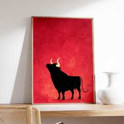 Minimalist Spanish Bull Art Print, Matador Rojo Red Black Poster, Taurus Zodiac Western Farmhouse Decor - thumbnail 2