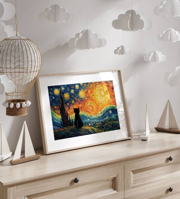 Starry Night Cat Framed Wall Art Print Living Room Bedroom Animal Modern Home Decor Pet Gift Van Gogh Style Feline Sky - image 1