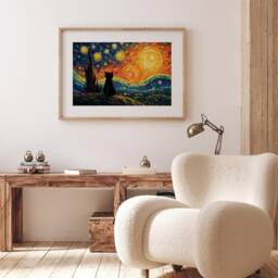 Starry Night Cat Framed Wall Art Print Living Room Bedroom Animal Modern Home Decor Pet Gift Van Gogh Style Feline Sky - thumbnail 3