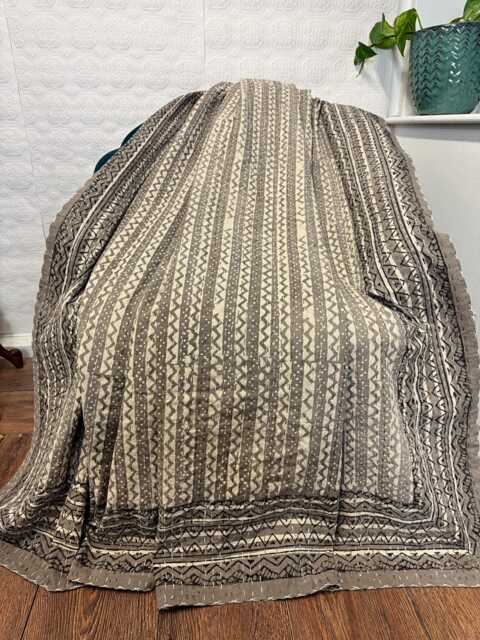 Kantha Stitch Pure Cotton Reversible Bed/Sofa Throw King Size - Handmade Handprinted Floral Dohar- Mud Brown Hue Tribal Geometric Chevron - image 1