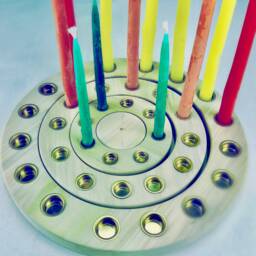 B - Candle Holder in A Wooden Ring. Made Of Alder Wood With Inlaid Brass Holders