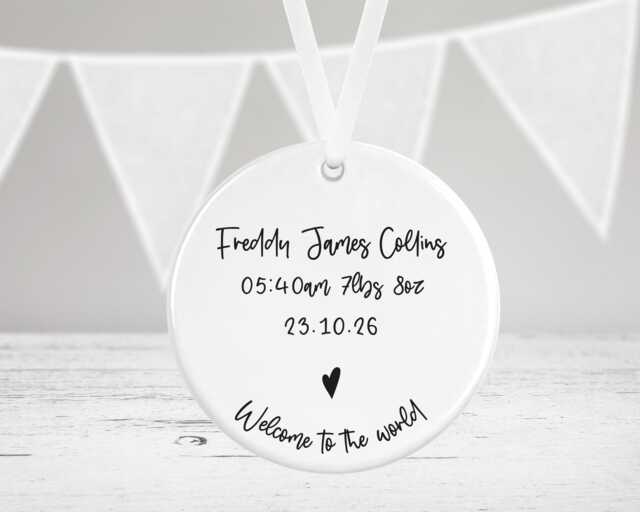 Personalised Welcome To World Baby Bauble - Ceramic Decoration Keepsake Plaque Newborn Gift New Born Circle