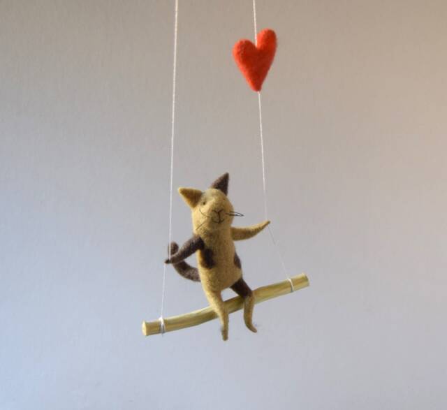 Cat On Swing , Taupe Needle Felted Cat, Nursery Decoration, Baby Crib Mobile, Toy, Mobile - image 1
