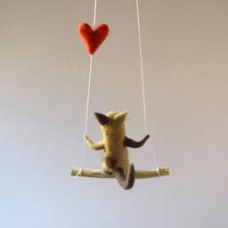 Cat On Swing , Taupe Needle Felted Cat, Nursery Decoration, Baby Crib Mobile, Toy, Mobile - thumbnail 4