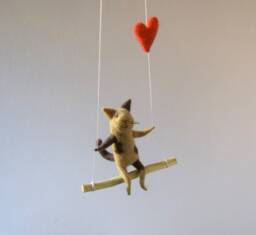 Cat On Swing , Taupe Needle Felted Cat, Nursery Decoration, Baby Crib Mobile, Toy, Mobile
