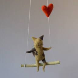 Cat On Swing , Taupe Needle Felted Cat, Nursery Decoration, Baby Crib Mobile, Toy, Mobile - thumbnail 3