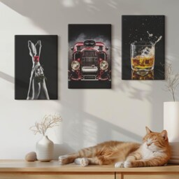 Canvas Set Of 3 Wall Art - Female Legs With A Rose, An Old Car, Glass Whiskey, Black Picture Print, Specific Hobby Hanging Piece - thumbnail 3