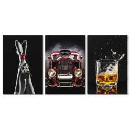 Canvas Set Of 3 Wall Art - Female Legs With A Rose, An Old Car, Glass Whiskey, Black Picture Print, Specific Hobby Hanging Piece - thumbnail 2