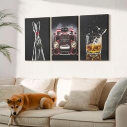 Canvas Set Of 3 Wall Art - Female Legs With A Rose, An Old Car, Glass Whiskey, Black Picture Print, Specific Hobby Hanging Piece - thumbnail 1