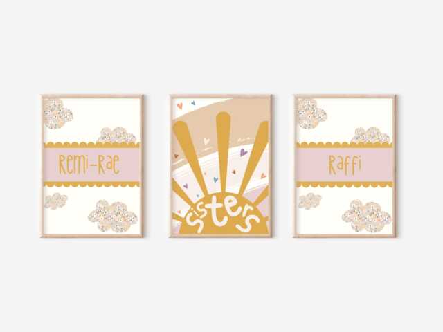 Personalised Sunshine & Flower Cloud Sisters Prints. Set Of 3 Prints For Girls Bedrooms, A Nursery Or Playroom - Prints Only - image 1