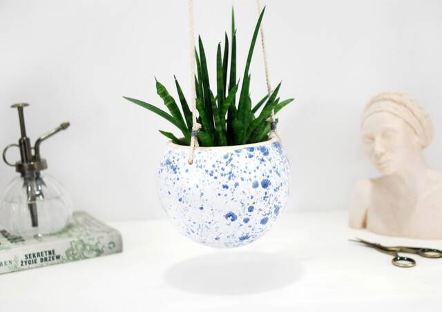 Handmade Ceramic Hanging Planter Speckled White Indoor Garden Decor - image 1