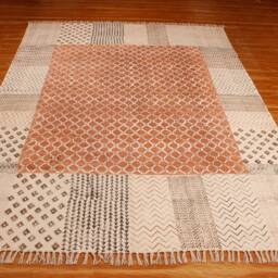 Hand Block Printed Cotton Kilim Rug, Orange Runner, Modern Art Decor - thumbnail 2