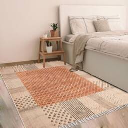 Hand Block Printed Cotton Kilim Rug, Orange Runner, Modern Art Decor - thumbnail 1