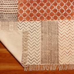 Hand Block Printed Cotton Kilim Rug, Orange Runner, Modern Art Decor - thumbnail 4