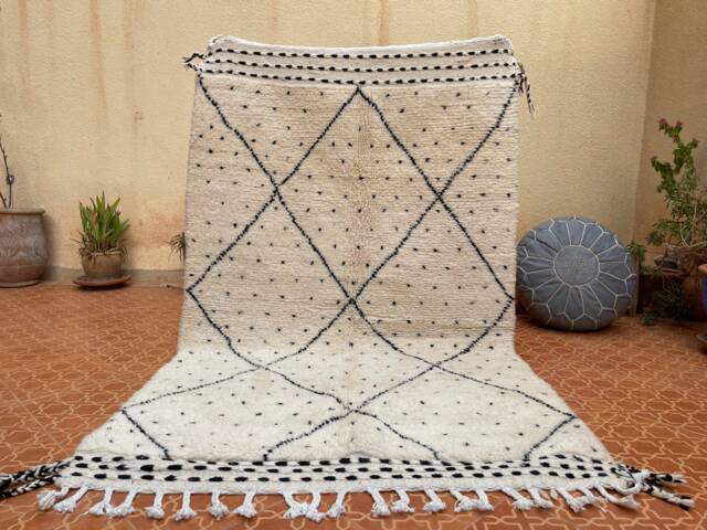 Handwoven Moroccan Berber Rug Abstract Black Dotted White Wool - image 1
