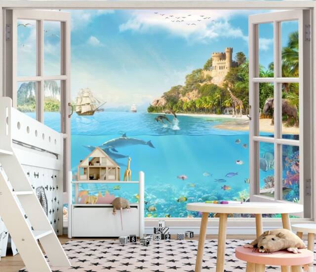 Window Dolphins Room Wallpaper Kids Sticker Wall Nursery Under The Sea Photo Mural Self Adhesive Exclusive Design - image 1