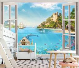 Window Dolphins Room Wallpaper Kids Sticker Wall Nursery Under The Sea Photo Mural Self Adhesive Exclusive Design - thumbnail 1