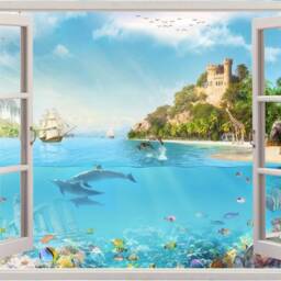 Window Dolphins Room Wallpaper Kids Sticker Wall Nursery Under The Sea Photo Mural Self Adhesive Exclusive Design - thumbnail 2