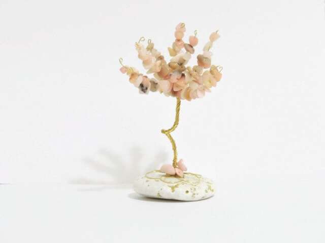 Pink Opal Gemstone Bonsai Tree, Golden Wire Sculpture, Zen Decor - image 1