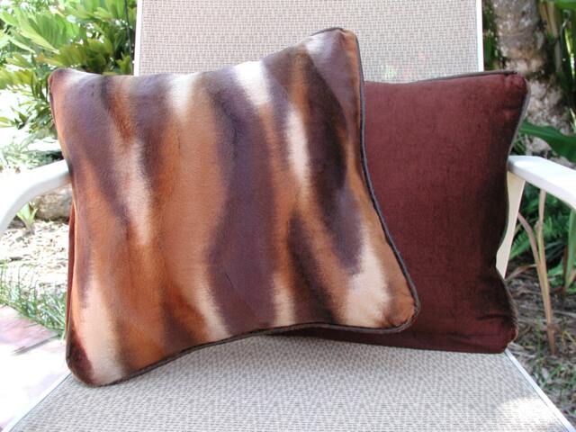 Throw Pillow Set Mixed Faux Mink, Brown Pillows, Animal Print Toss Pillows With Trim, Velvet Stripe - image 1