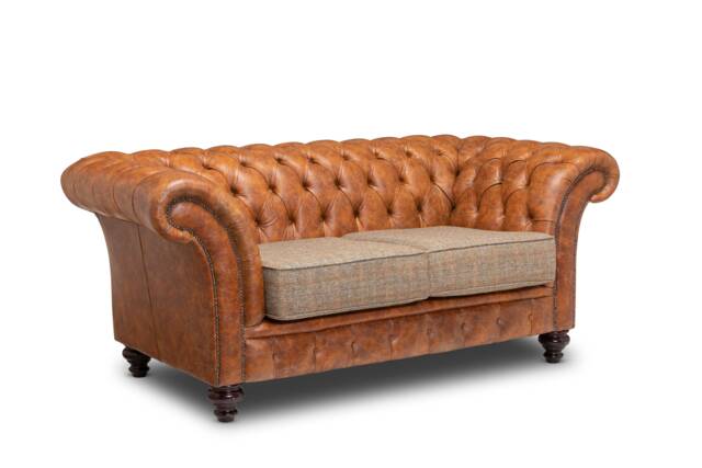 Chesterfield Belmont Real Leather Two/Three Seater Sofa Vintage Tan & Harris Tweed Fabric - image 1