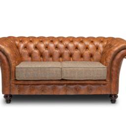 Chesterfield Belmont Real Leather Two/Three Seater Sofa Vintage Tan & Harris Tweed Fabric - thumbnail 2