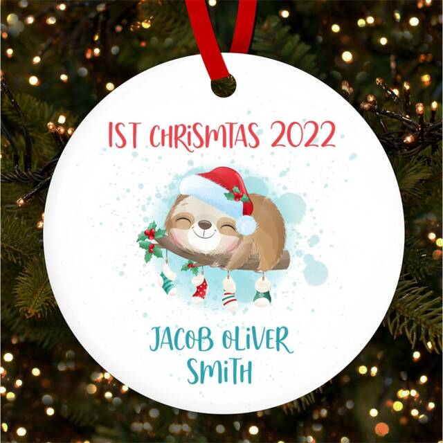 Sleeping Sloth Baby's 1st Round Personalised Christmas Tree Ornament Decoration
