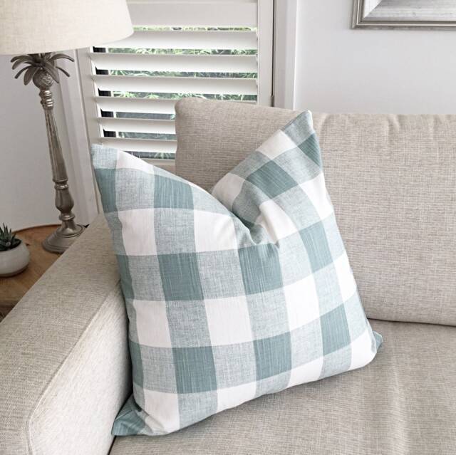 Seafoam Green Check Pillow Cover Modern Slub Cotton Cushion - image 1