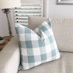 Seafoam Green Check Pillow Cover Modern Slub Cotton Cushion - thumbnail 1